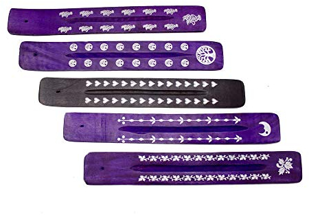Luxflair Porte-encens Set de 5, en Bois de Sheesham, Fait Main, avec décoration individuelle en Couleurs Noir et Lilas. Support pour bâtonnets d'encens