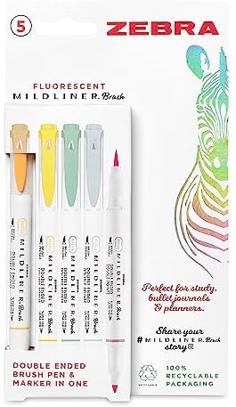 Zebra Pen MILDLINER Dual Tip Pinselstifte, Filzstifte für Erwachsene, Rundspitze & Pinselspitze Malstifte für Stil und Komfort, doppelseitige Mildliner Malstifte, fluoreszierende Farben, 5 Stück