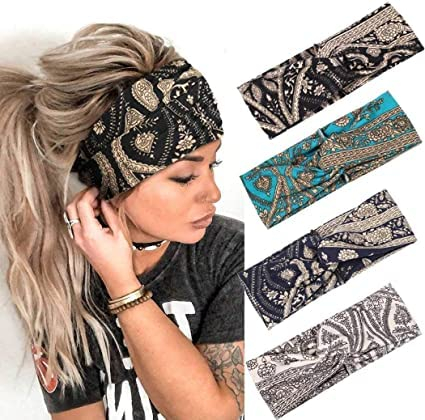 Fashband Boho Breite Haarbänder Kreuz Vintage Haarbänder Elastische Yoga Head Wraps Haarschmuck für Frauen und Mädchen (4 Stück)