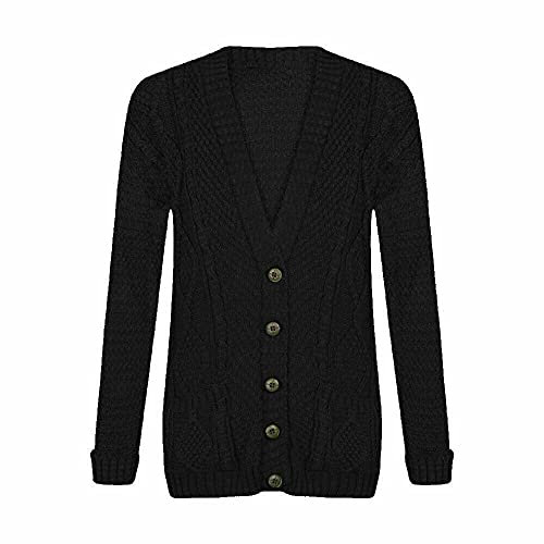 LUXE DIVA New Womens Everyday Long Sleeve Button Top Ladies Chunky Aran Cable Knit Grandad Cardigan UK Size 8-26 Black