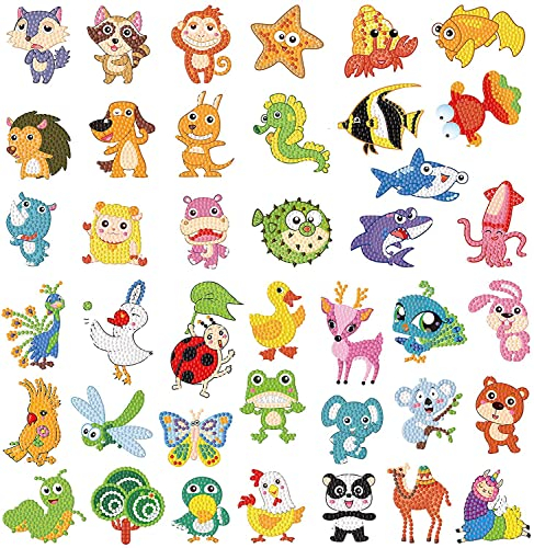 CHYEEH Diamond Painting Kit Enfant, 40 Pièces DIY Peinture Diamant Animaux Autocollant, Kit Mosaïque pour Enfants 5D Autocollants de Diamant Kits, Broderie Diamant pour Enfants et Débutants Adultes