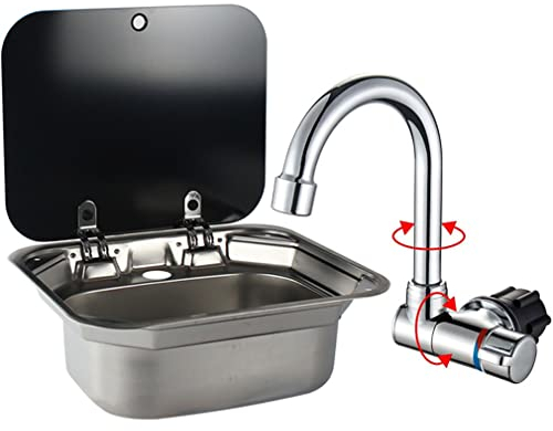 E EZEXPREZE RV Spüle Edelstahl Küche Handwaschbecken Waschbecken mit gefaltetem Wasserhahn gehärtetes Glasdeckel Waschbecken für Wohnmobil Anhänger Wohnwagen (Spüle mit Wasserhahn U)