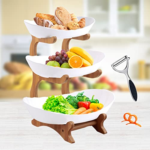 Frutero de plástico PP de varios pisos, varios pisos, ensalada de frutas con soportes de madera, para decoración de cocina, verduras, frutas, aperitivos (blanco)