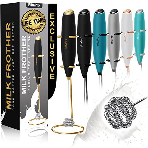 ElitaPro Milk frother, ‘Tornado’ effect, Luxury Edition, Leading Tech Design, Triple Power Milk Frother Handheld, Rich Creamy Milk Foam in seconds (Black/Gold)