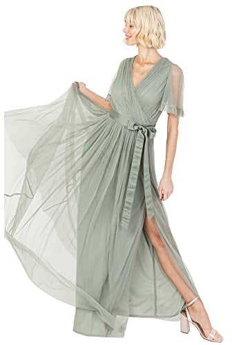 Anaya with Love Ladies Maxi Dress for Women V Neckline Short Sleeve Frilly Long Empire Waist for Wedding Guest Bridesmaid Maid of Honour Robe Femme (Lot de 1)