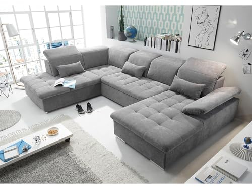 Wohnlandschaft mit verstellbaren Kopfstützen und Schlaffunktion in dunkelgrau | Sofa in U-Form mit Bettkasten Links