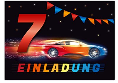 12 Einladungskarten zum 7. Kindergeburtstag Einladung zum siebten Geburtstag Jungen Rennauto Rennwagen