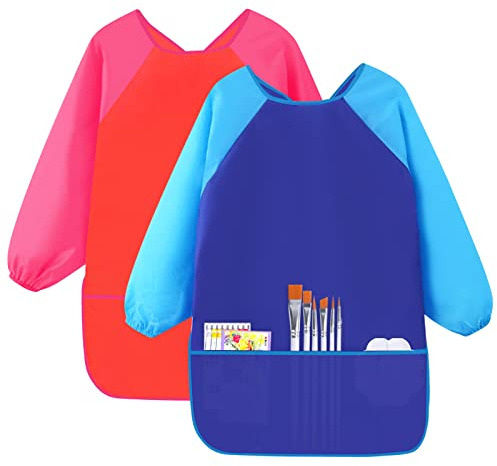 Hoxfly 2 Stück Malschürze Kinder 5-10 Jahre,Bastelschürze mit Ärmeln und 3 Taschen,Kinder Kittel Schürze,Wasserdichte Langarm Malschürze,für Schule Kunst Malerei,Essen,Blau & Rot (Mittel)