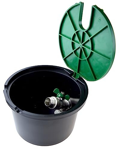 Arqueta de Riego Circular para Enterrar con Grifo Metálico 3/4 Macho. Ø Base 17cm - Ø Tapa 19cm - Altura 14cm. Tapa con bisagra de Apertura Fácil. Robusta y Resistente