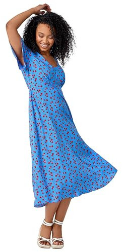 Roman Originals Women Gathered Chest Dress Ladies Stretchy Fit & Flare Swing Tea A Line Skater Waist Ruched Knee Length Midi Smart Casual Work Going Out Party - Petite Blue Red - Size 14