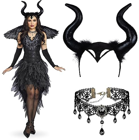 2TLG Königin Hörner Kostüm Set, Hörner Kopfschmuck mit Gothic Spitze Halskette, Maleficent Kostüm Hörner, Teufel Kopfschmuck, Königin Hörner Kopfschmuck für Halloween Karneval Fasching Cosplay