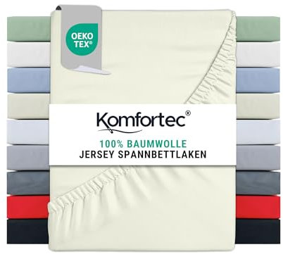 Komfortec Spannbettlaken Jersey 100% Baumwolle – 180x200 cm – 135g/m² – Weich, Atmungsaktiv & Hautfreundlich – Mit Rundumgummi – Oeko-Tex Zertifiziert – Für Boxspring, Topper & Matratzen – Ecru