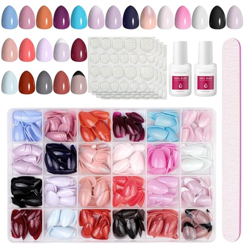 JUSTOTRY 24 Packs (576 PCS) Gel Almond Press on Nails Short,Glitter French and Solid Oval False Nails with Nail File,Glossy Stick on Nails for Women,Fake Nail for Nail Art Gifts