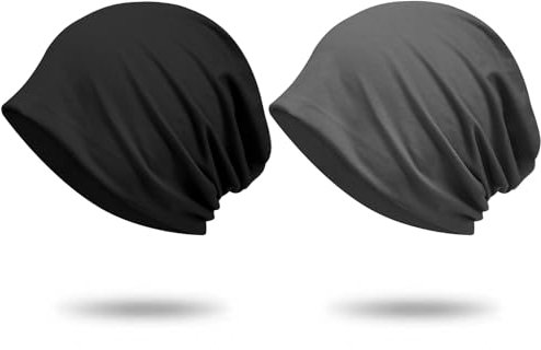XURIGOX Baumwoll-Beanie-Mützen für Damen, dehnbare Totenkopfkappe, Helmfutter, leichte Mütze, Übergröße/Schwarz+puregrey, Einheitsgr��e