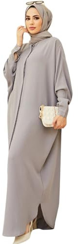 Muslimisches Kleid f?r Damen, Abaya Muslim Damen, Gebetskleidung f?r Frauen Kaftan Naher Osten Dubai T?rkei Arabische Islamische Kleidung Einteiliges Langarm Maxikleid Ramadan Party Robe Grau