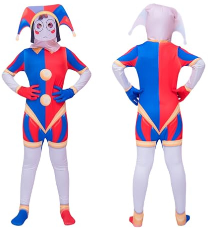 XehCaol Clown Kostüm Kinder Pomni Kostüm, Jax Ragatha Caine lustiges Erstaunliches Digitales Zirkuskostüm Inklusive Hut Handschuhe Hosen Socken Cosplay Requisiten (Pomni, 140)