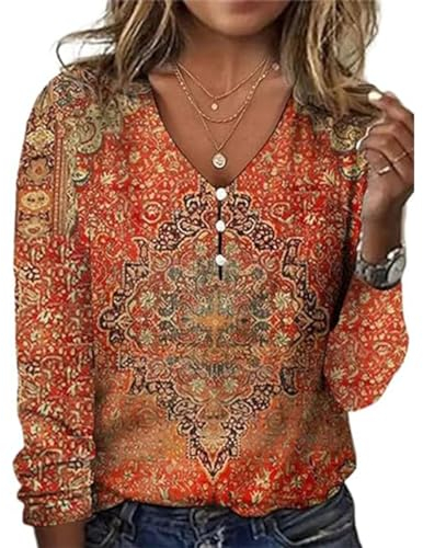 GRMLRPT Tops Damen Langarm Frühlingblusen V-Ausschnitt T-Shirts Tunika Oberteile Bedruckte Bluse Damen Elegant Lässige Hemd Langarmshirts für Damen(Orange,XXL)