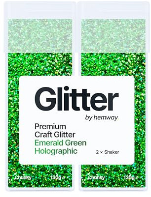 Hemway Premium Glitter Shakers - Emerald Green Holographic | Chunky Metallic Flake for Resin & Epoxy Crafts | Craft Supplies for Tumblers, Festival, Face, Body, Eye & Nail Art | 130 g (2 Pack)