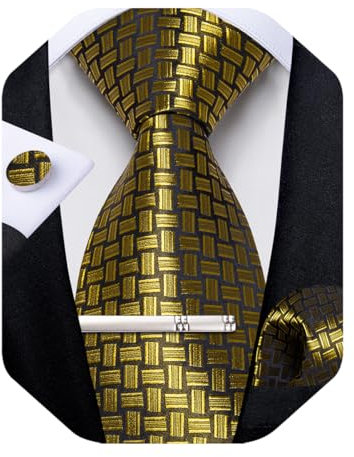 DiBanGu Mens Silk Plaid Tie and Pocket Square Set, Gold Plaid, One size
