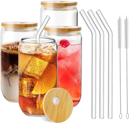 Taoyanmo Vasos de cristal de 500 ml, 4 unidades, vasos con tapa y pajita, reutilizables, con tapa de bambú, 4 pajitas de cristal, 2 cepillos y forma de lata para café helado, té, boba