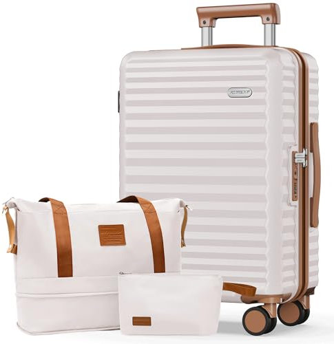 SHOWKOO Koffer Groß Leicht Hartschale 100% Polycarbonate Erweiterbar Reisekoffer Große Kapazität Hartschalenkoffer Set Trolley Handgepäck Enthält 1 Reisetasche und 1 Kulturbeutel, XL-Beigeweiß
