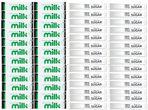 100 Sachets Bundle: Long Life Semi Skimmed Milk & Sugar Sticks, 50x Individual Milk and 50x Sugar Portions for Coffee, Tea – Ideal for Office, Travel, Camping & Home Use