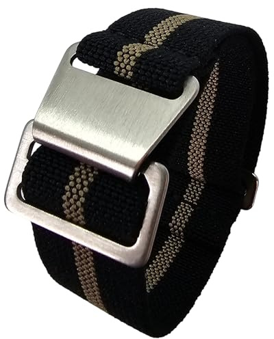 Max French Marine Nationale Elastic Nylon Navy Divers Parachute Watch Straps 20mm 22mm Military Bands (22mm, Black/Khaki Thick)