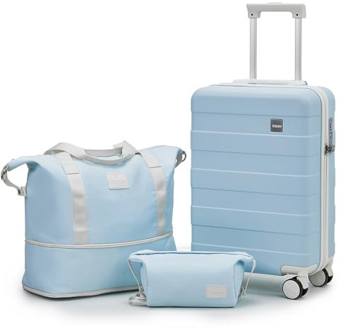 imiomo Kofferset 3 Teilig Hartschale Reisekoffer von ABS Trolley 4 Rollen Der Koffer Enthält 1 Reisetasche und 1 Tragbare Tasche Blau