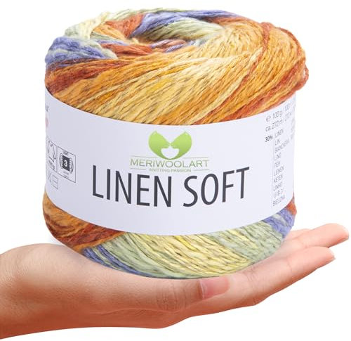 MeriWoolArt® Linen Soft Garn – Premium Naturgarn zum Stricken & Häkeln, 100g Leinengarn Baumwolle Viskose Mischung, atmungsaktiv, weich & umweltfreundlich, ideal für Kleidung, Tücher, DIY 7412