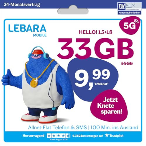 LEBARA Handytarif Hello! 15+18 | 33 GB Datenvolumen | 9,99€ mtl. | 5G mit bis zu 50 Mbit/s | Allnet-Flat Telefonie & SMS Deutschland inkl. EU-Roaming | 100 Auslandsminuten