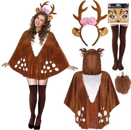 LEACCO Reh Kostüm Damen mit Geweih Haarreif Tattoo Socken Schwanz Rentier Kostüm Erwachsene Frauen Karnevalskostüme Damen Reh Poncho Bambi Rehkitz Hirsch Faschingskostüme Frauen Umhang Verkleidung