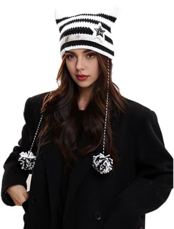 SIOPPKIK Damen Katze Beanie Häkelmütze mit Ohren gestrickt Winter Warm Elastische Kappe Slouchy für Mädchen Erwachsene Kinder Goth Emo Alt Y2K Zubehör