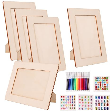 BigKego 5 Stück Bilderrahmen zum Bemalen Fotorahmen Kinder Holzbilderrahmen Bastelset DIY Bilderrahmen Holz mit Diamant Aufkleber Farbstifte für Tischdisplays Handwerk Malprojekte