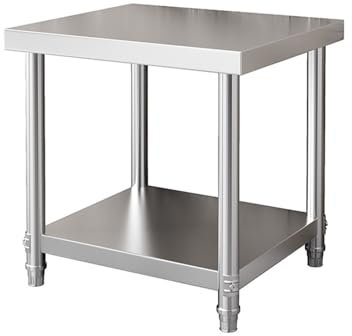 Multifunktionsregale Edelstahl-Werkbank Doppel-OP-Tisch Gewerblicher Vorbereitungstisch Quadratischer Metalltisch Verstellbare Rutschfeste Tischbeine Solide Dreieckige Struktur Pflanzenpacktisch(70x70