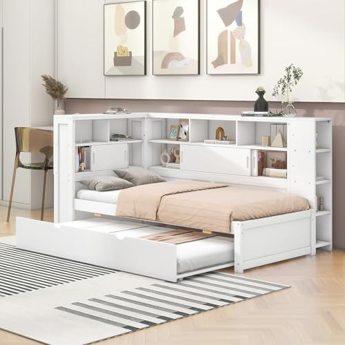 LAKFEW Kinderbett Schlafsofa 90x200, Tagesbett mit Auszugsbett 90x190 und USB-Ladebuchse, Einzelbett Schlafsofa mit Stauraum und Bücherregal, Ohne Matratze, Weiß