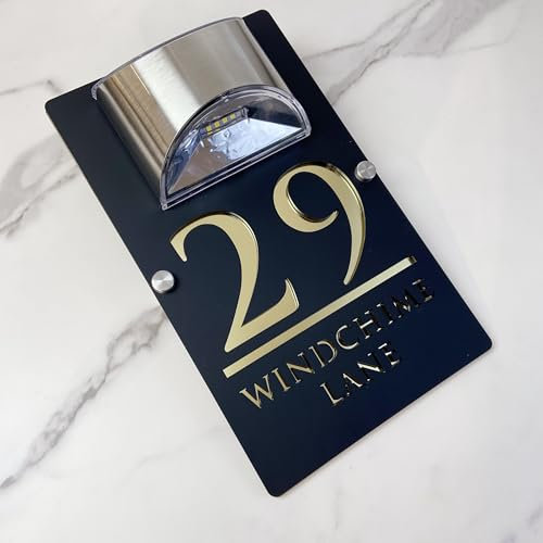 Personalised Solar LED House Number Sign – Custom Illuminated Door Plaque with Laser Engraving – Waterproof Acrylic Address Plate – Auto ON at Night for Home Wall, Fence or Gate (Black gold)