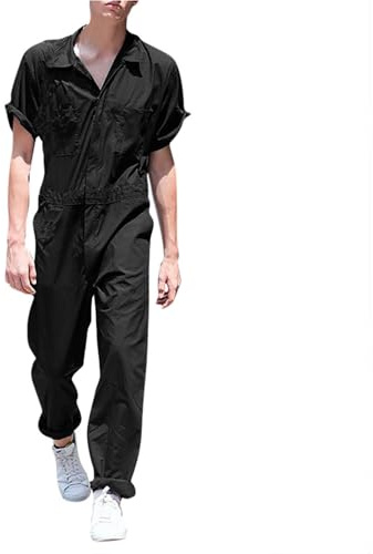 RLEHJN Mens and Womens Short Sleeve Workwear Coveralls Boilersuit Overalls Boiler Suit Warehouse Deals Clearance Solid Color Button Down Shirts Jumpsuit Romper Playsuit Black Blue M-3XL