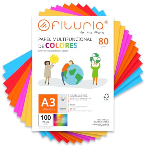 Buntes Papier, 100 Blatt A3 80g – Farbiges Papier für Basteln, Drucker, Scrapbooking – Farbbögen – Ideal für Origami, Papierfalten, Büro und Schule (Starke Farben, 100 Blatt)