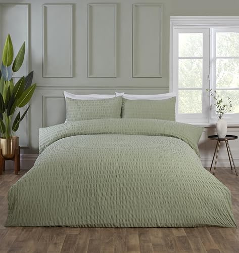 Rapport Home Seersucker Duvet Cover Set, Soft Easy Care Sage Green Single 3 Piece Bedding Set