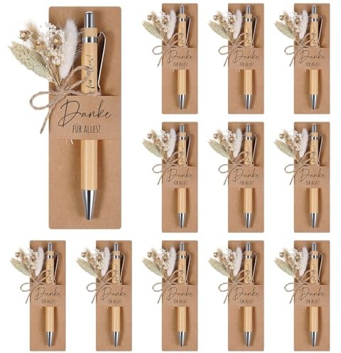 Hestya 12 Set Danke für Alles Kugelschreiber mit Gravur Geschenke | 12 Holz Kugelschreiber, 12 Echtem Trockenblumenstrau, 12 Stifthalter aus Papier, Abschiedsgeschenk, für Lehrerin Kollegen