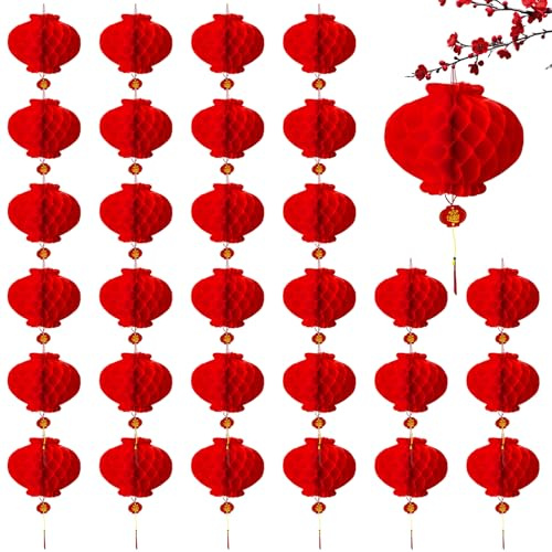 Tarqite 30 Stück Chinesische Laternen, 36 * 15cm Rote Hängende Lampions, wasserdichte Papierlaternen Rot, Faltbare Chinesische Laterne Deko für Chinesisches Neujahrsfest, Hochzeit, Geburtstag