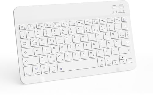 JKSML Tragbare Kabellose Bluetooth Tastatur, Deutsche QWERTZ Layout | für iPad Air/Pro/Mini/iPad 11/10,9/10,5/10,2/9,7 Zoll/iPhone, Tablet, Android, Smartphones, Ultradünn Slim - Weiß