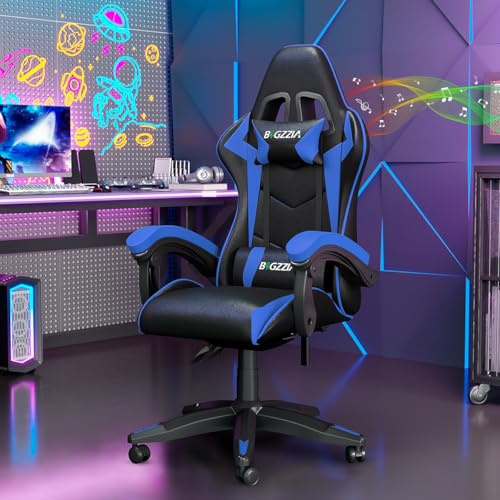 Racingreat Bluetooth Gaming Chair with Built-in Speakers (Blue) | Ergonomic,Height Adjustable,Reclining,Headrest,Lumbar Support,Armrests,360°-Swive,PU Leather