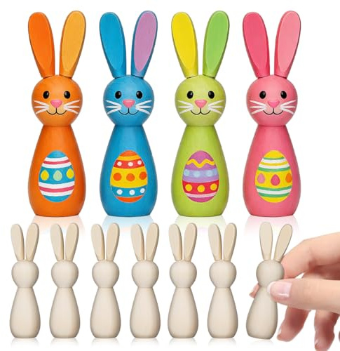 Hemobllo 12 Stück Holzhasen zum Bemalen, Unbehandelte Hasen Holzrohlinge Figuren für Kinder, DIY Bastelset Osterhasen Steckfiguren Peg Dolls für Ostern Basteln und Frühlings Deko