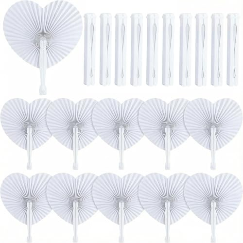 36Pcs Folding Paper Fans, Round Shaped Heart Shaped Paper Fans Chinese Handheld Fans White Wedding Fans with Plastic Handles for Summer Wedding DIY Favours Travel (Heart-Shape)