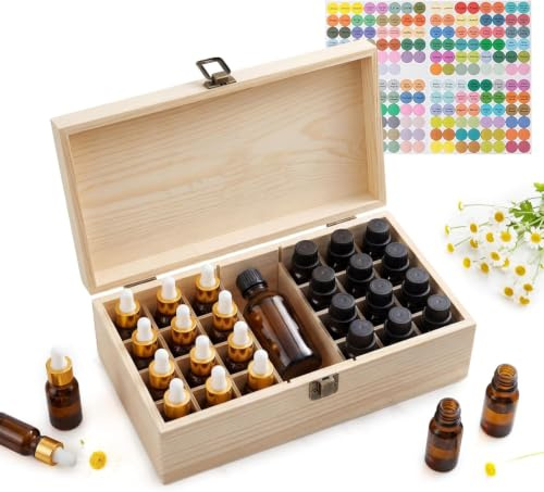 Eulihent Ätherische Öle Aufbewahrung, 25 Löcher Holzbox mit Fächern, Aufbewahrungsbox Ätherische Öle, mit Kostenlose Etiketten für Duftöle Ausstellung, Lagerung