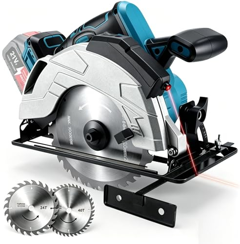 Sega circolare professionale compatibile con Makita a batteria da 18 V con 2 lame (185 mm), profondità di taglio 60 mm, con laser, sega circolare manuale, sega circolare a batteria, sega circolare