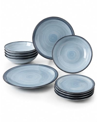 Cecaro Group Set Piatti 12 Pezzi in Ceramica – Servizio Tavola per 4 Persone con 4 Piatti Piani, 4 Fondi e 4 Frutta – Design Moderno – Varianti Blu o Tortora (Azzurro)