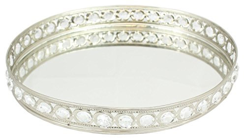 Oval Silver Mirrored Decorative Tray with Gemstones