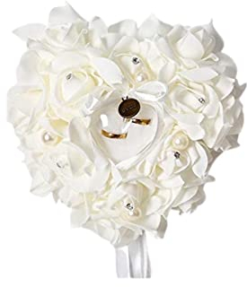 GOTOTOP Romantische Rose Hochzeit Ringkissen Herzförmig Satinrose Perle Schleife Strass-Dekor mit Kleiner Ringbox Gastgeschenk für Eheringe Verlobung 15x13cm
